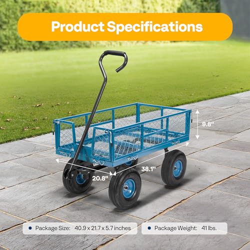 Heavy Duty Mesh Steel Garden Cart Folding Utility Wagon with Removable Sides and 10 inch Tire (Black) C36232