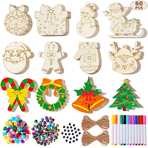 60 Pcs Unfinished Wood Slices with 12 Coloured Pens and 60 Jingle Bells N97141
