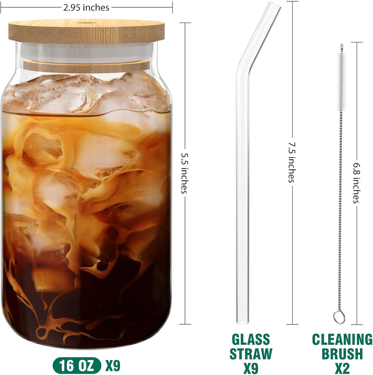 9pcs 16 oz Drinking Glasses with Bamboo Lids and Glass Straw I4896
