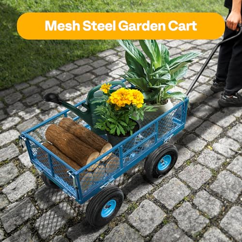 Heavy Duty Mesh Steel Garden Cart Folding Utility Wagon with Removable Sides and 10 inch Tire (Black) C36232
