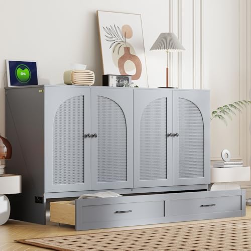 Queen Size Murphy Bed Cabinet Wall Bed with USB and Storage Drawer O4695