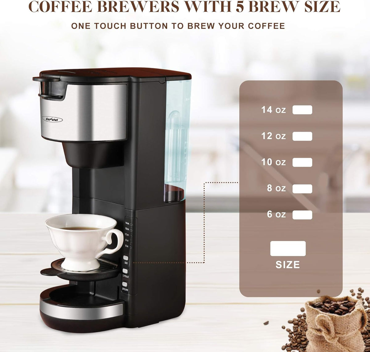 Single Serve Coffee Maker with Adjustable Drip Tray 30oz Removable Reservoir I489598