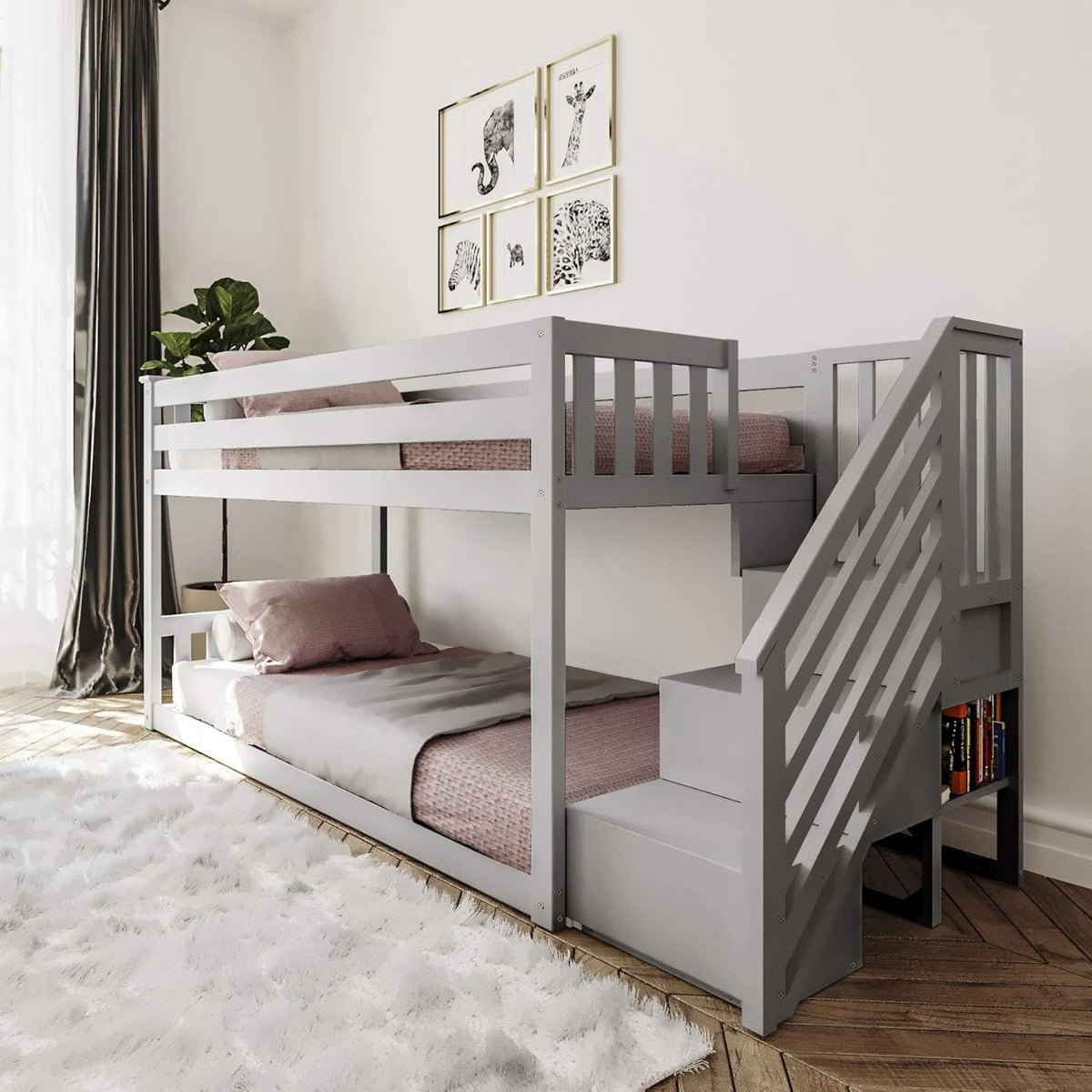 White Twin Low Bunk Bed with Staircase B454