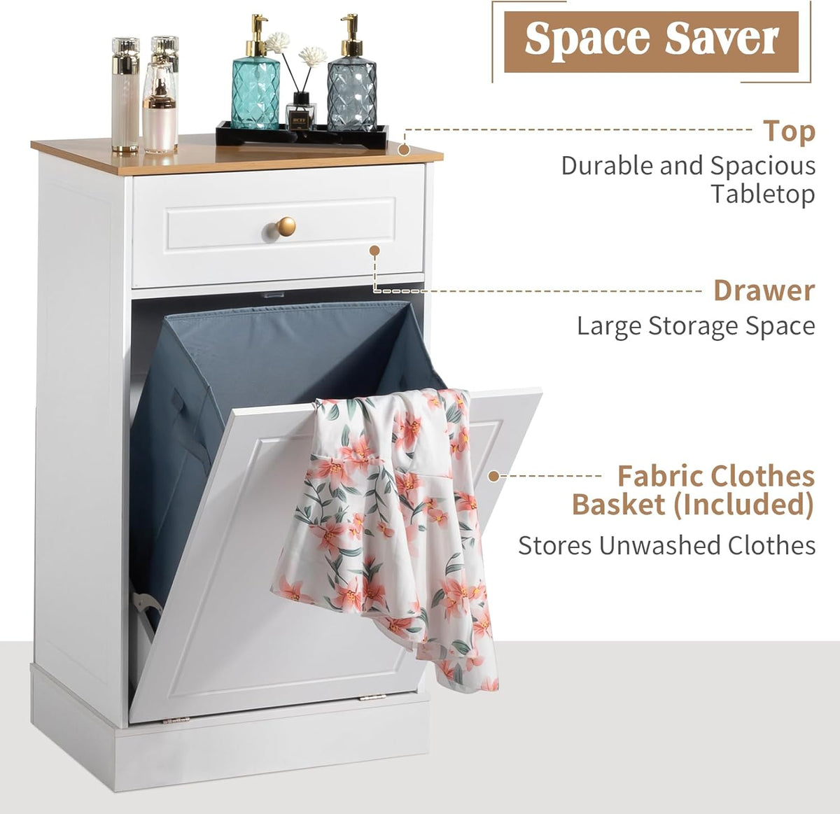 White Tilt Out Laundry Hamper Cabinet with Drawer A92517