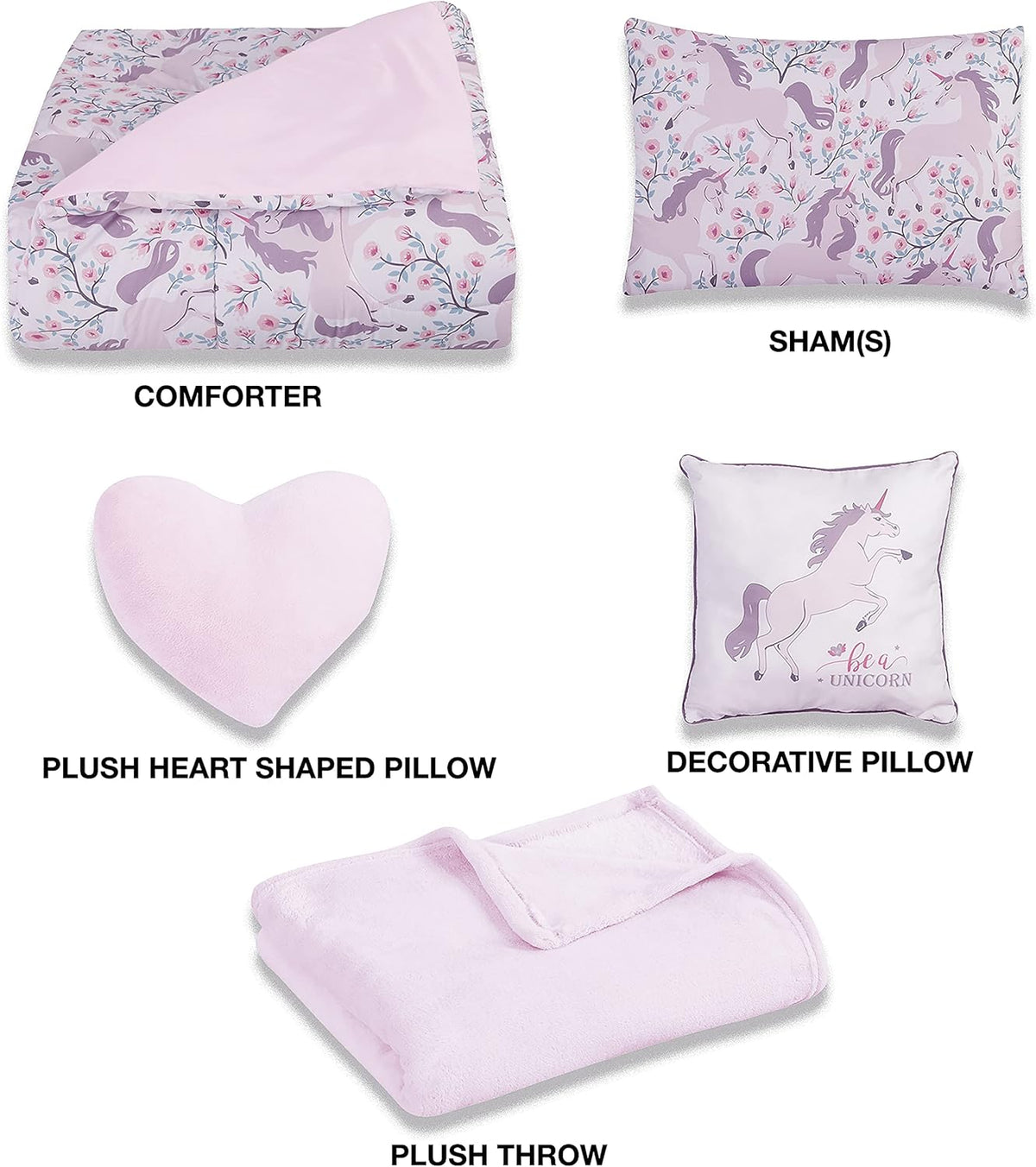 5-Piece Twin Size Unicorn Bedding Set with Throws and Pillow Shams L2238