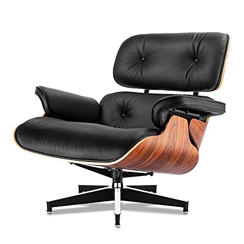 Top Black Grain Leather Palisander Wood Lounge Chair and Ottoman E205483