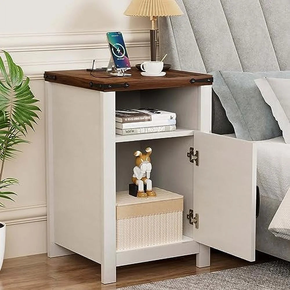 White Wooden Nightstand End Table with USB and Socket Set of 2 I562