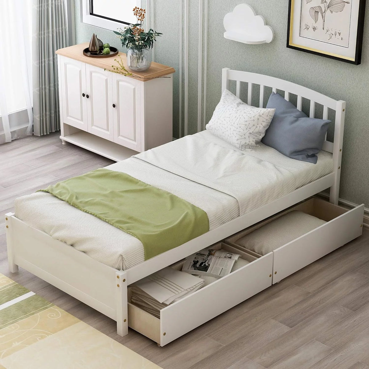 White Wood Platform Storage Bed with Two Drawers and Headboard G698