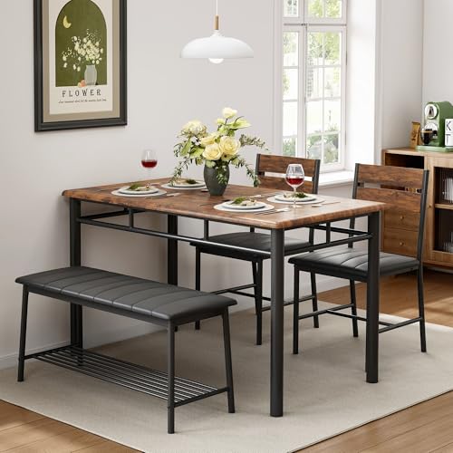 Gray Dining Table Set for 4 with Upholstered Bench and 2 Chairs J492376