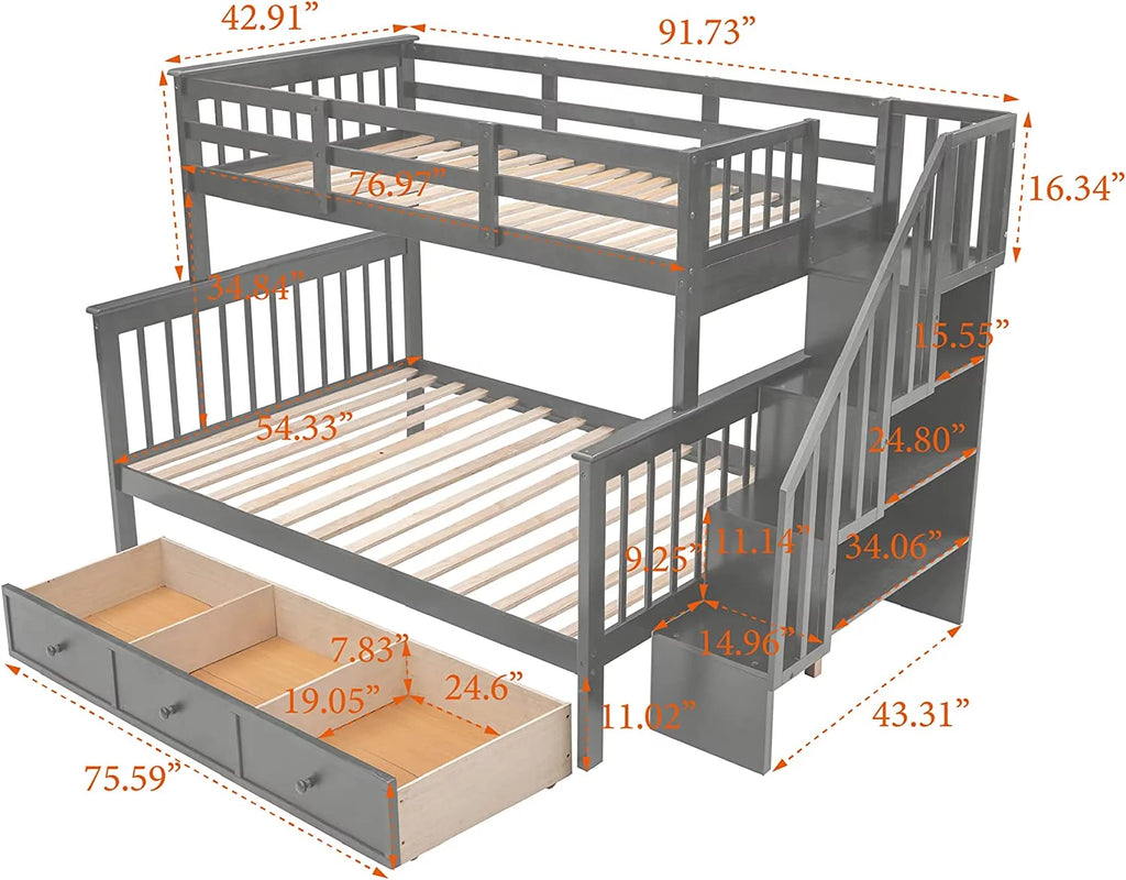 Gray Bunk Bed with Stairs and Storage Drawers S8861