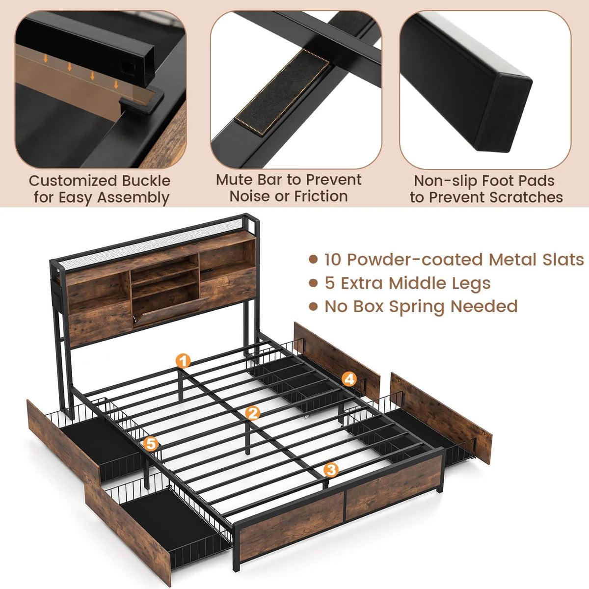 Queen Size Bed Frame with Bookcase Headboard and 4 Storage Drawers F9712