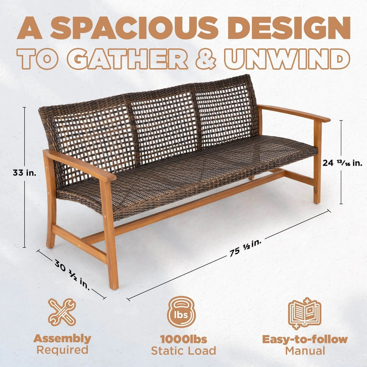 Teak Finish Acacia Patio Wicker Sofa Couch T686