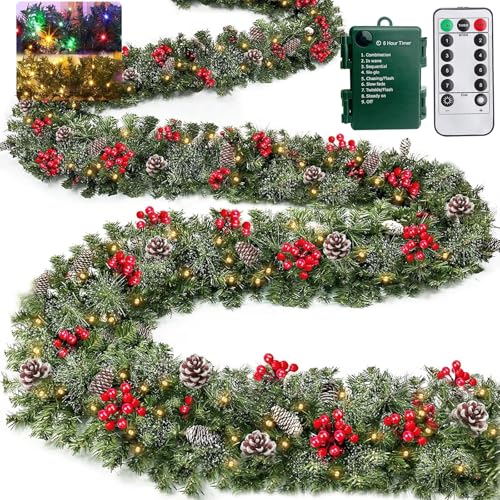 18Ft Prelit Snowy Bristle Pine Christmas Garland with 100 Lights L326