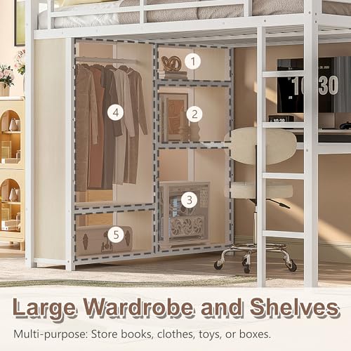 Queen Heavy Duty Metal Loft Bed with L-Shaped Desk, Wardrobe & 5 Storage Shelves O9761