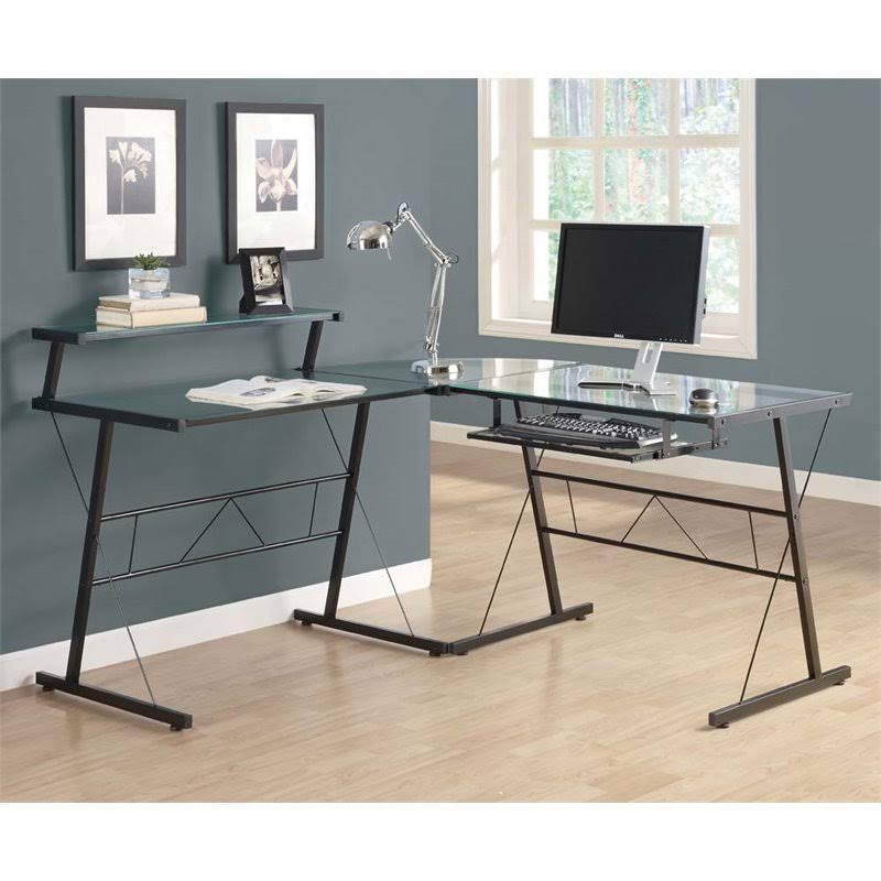 Black L Shaped Glass Top Metal Computer Desk L577366