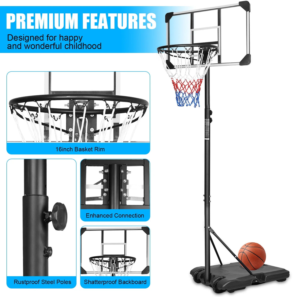 Height Adjustable Portable Basketball Hoop with Wheels B696