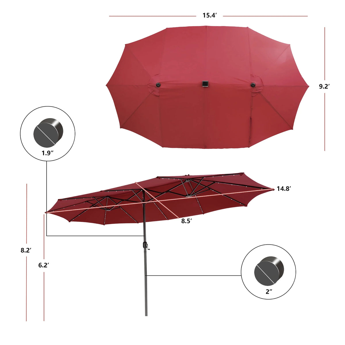15FT Twin Patio Double-Sided Umbrella with 48 Solar LED Lights C239265