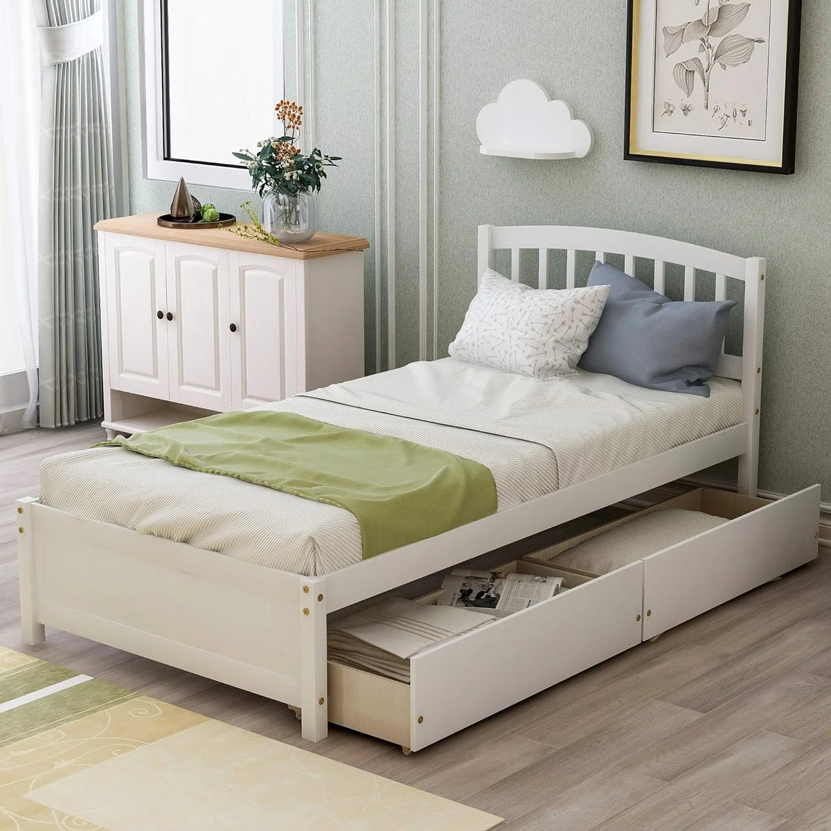 White Wood Platform Storage Bed with Two Drawers and Headboard G698