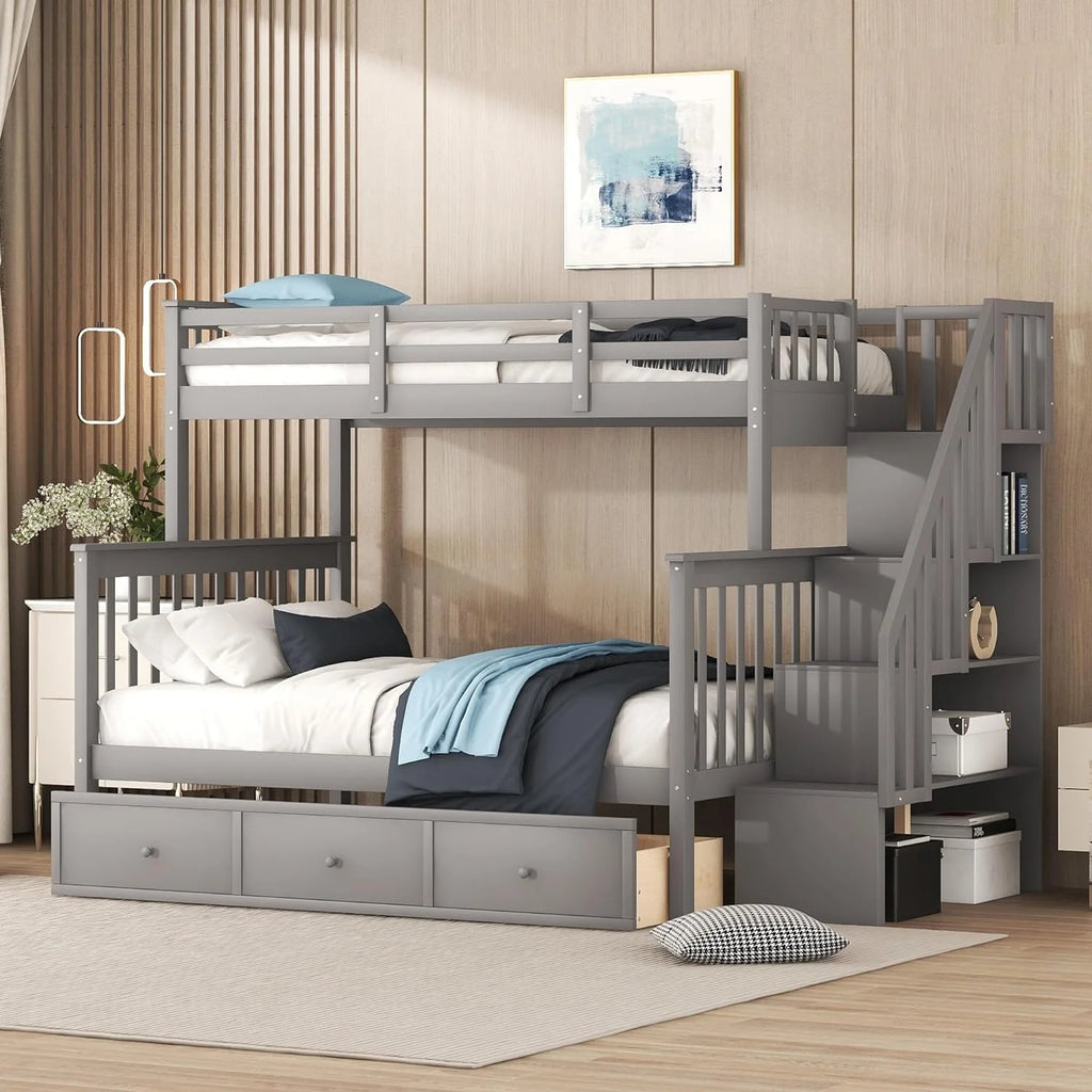 Gray Bunk Bed with Stairs and Storage Drawers S8861
