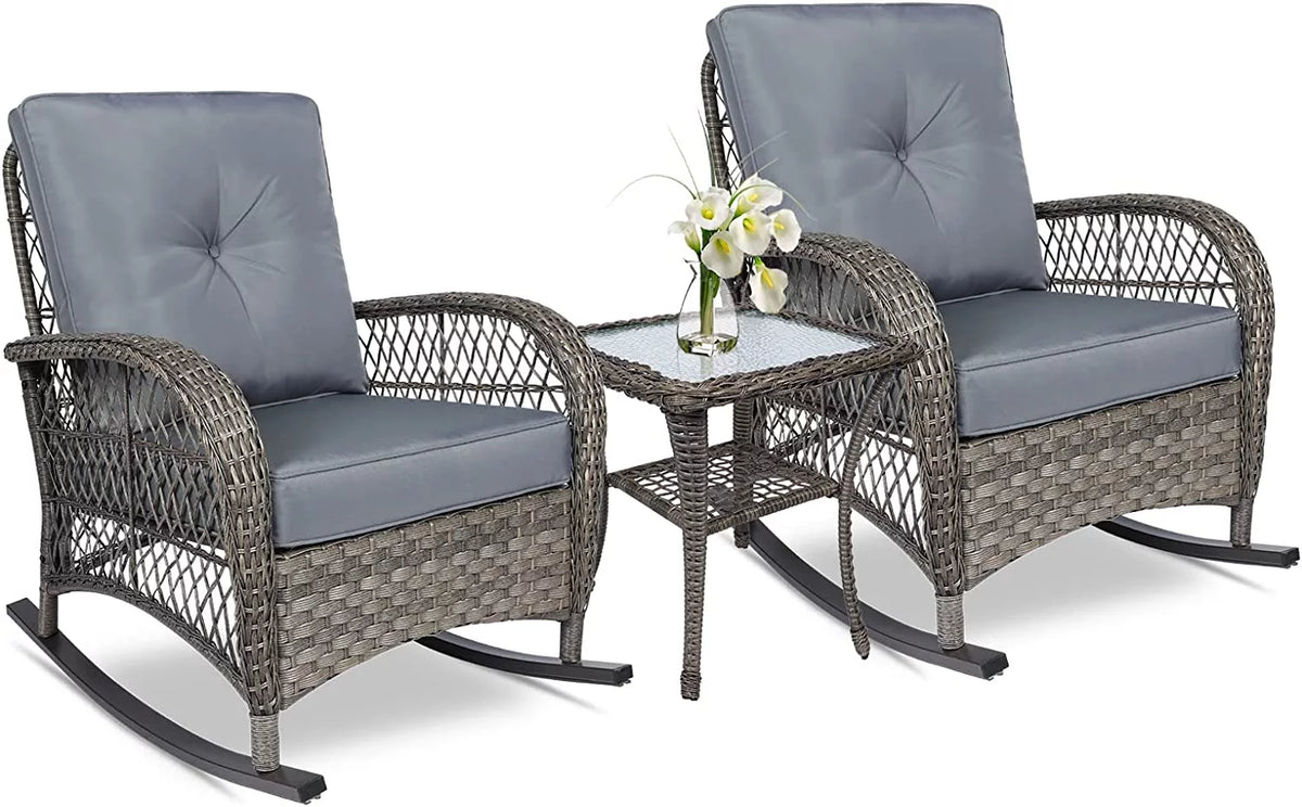 3-Piece Outdoor Wicker Rocking Bistro Set with Glass Top Side Table R12392