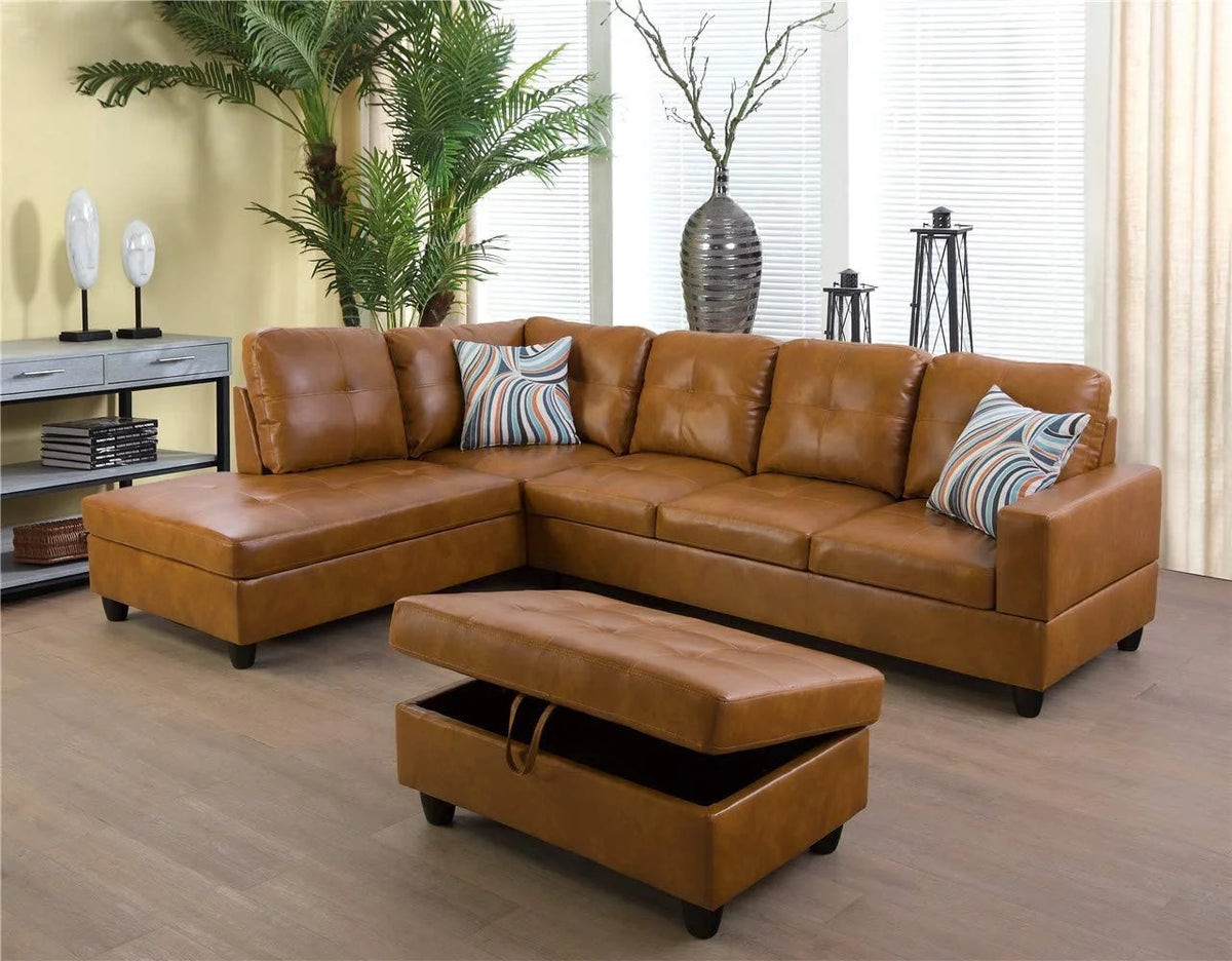 Caramel Leather Sectional Sofa with Storage Ottoman R78324
