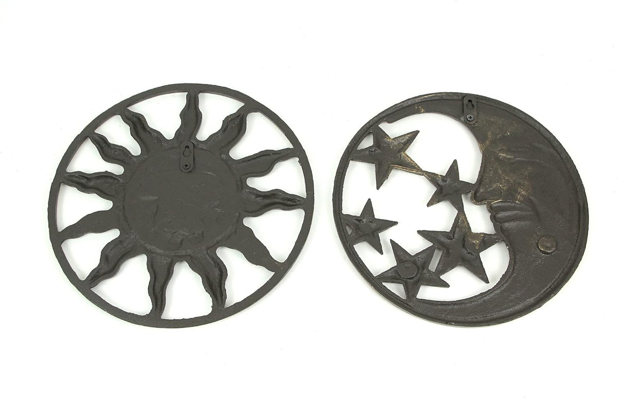 Set of 2 Antique Bronze Cast Iron Sun and Moon Wall Hanging Art Decor R963