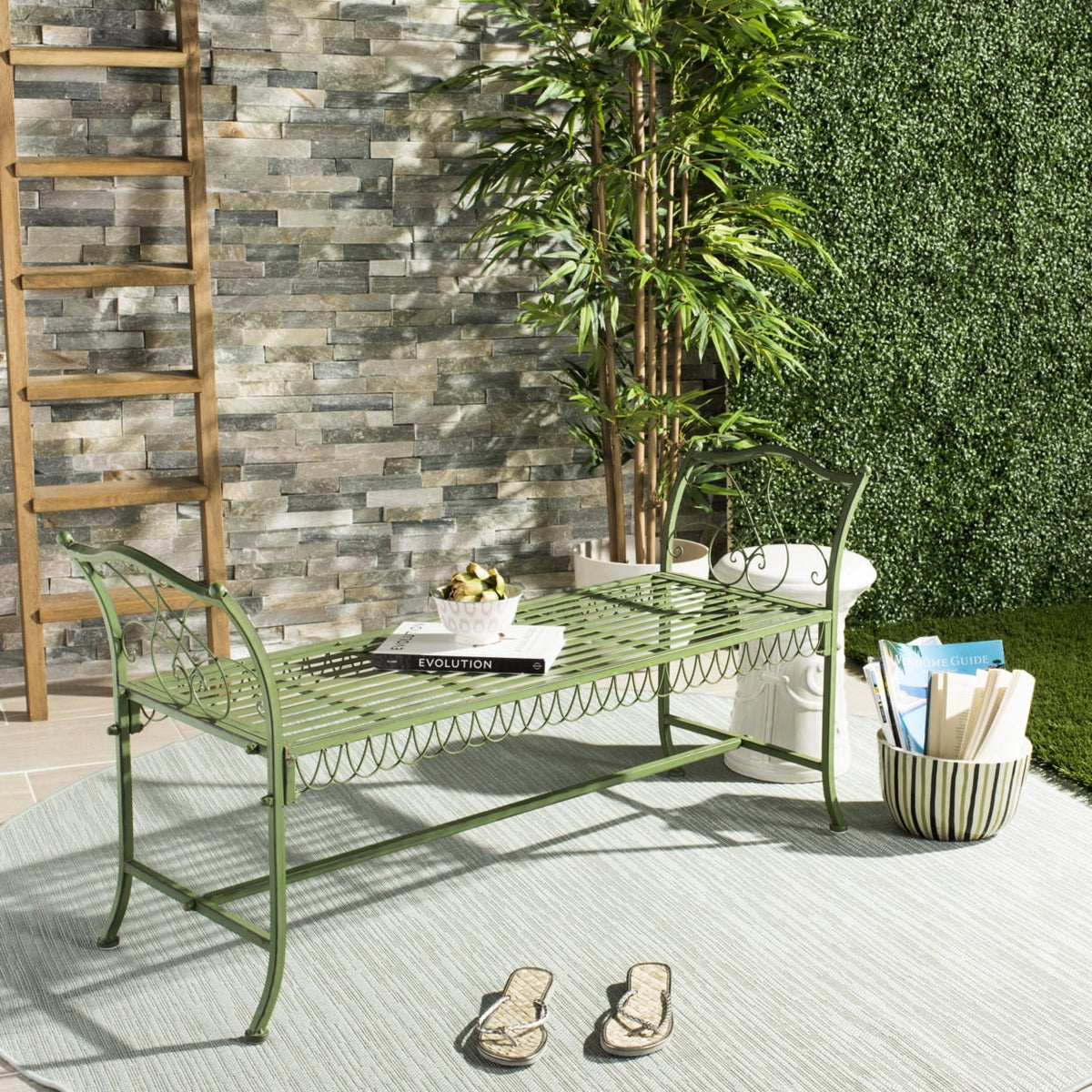 Antique Green Wrought Iron Outdoor Patio Bench Y254