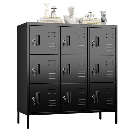 Metal Locker with Padlock and Keys, 9 Doors Black Steel Storage Locker Cabinet P5748
