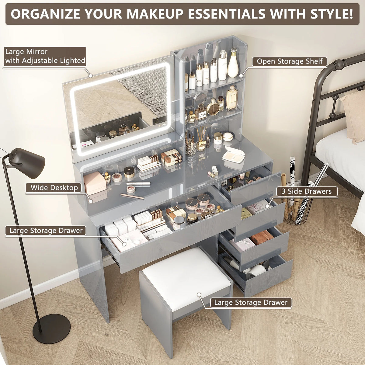 Gray Vanity Desk with Mirror and 4 Drawers K845