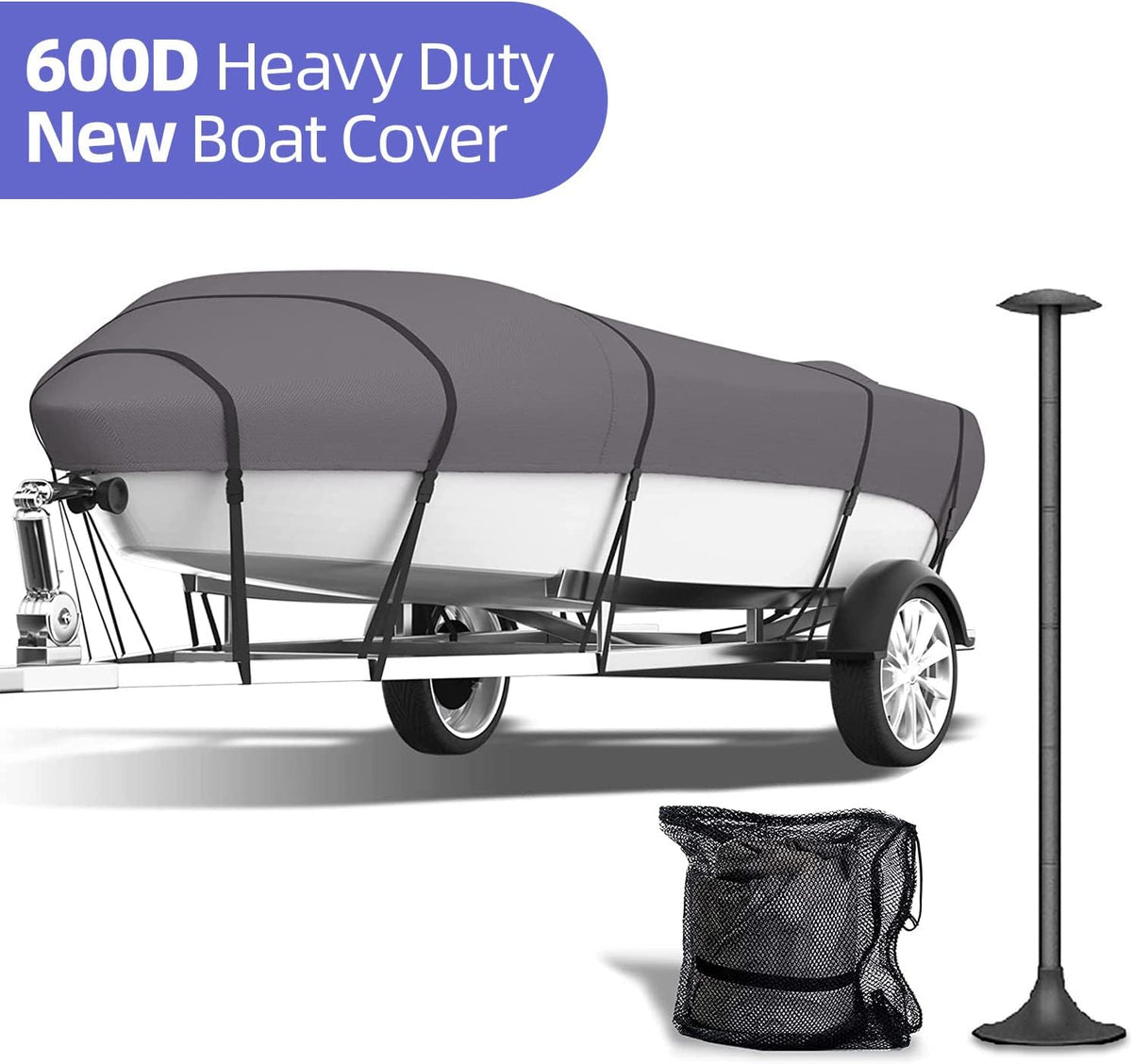 600D Waterproof Boat Cover with Support Pole, Pack of 2 D796060