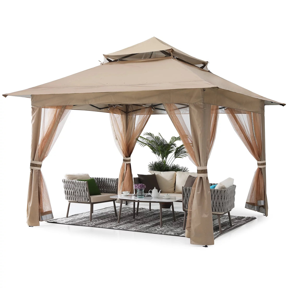 13'x13' Khaki Pop up Gazebo Canopy with Mosquito Netting F819