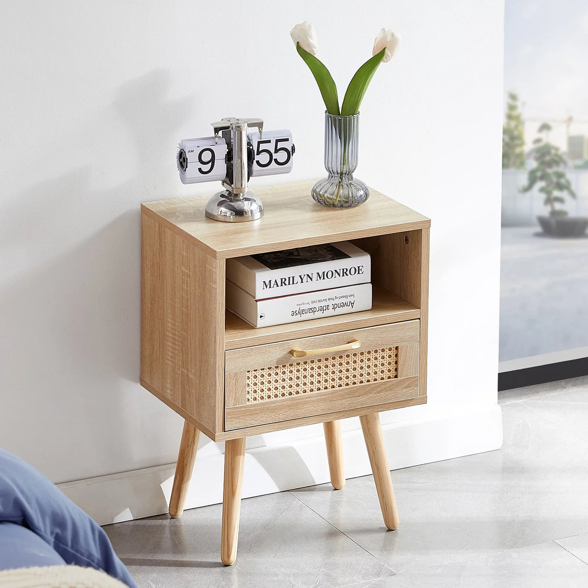 Modern Rattan Wood Nightstand with 1 Drawer Q701