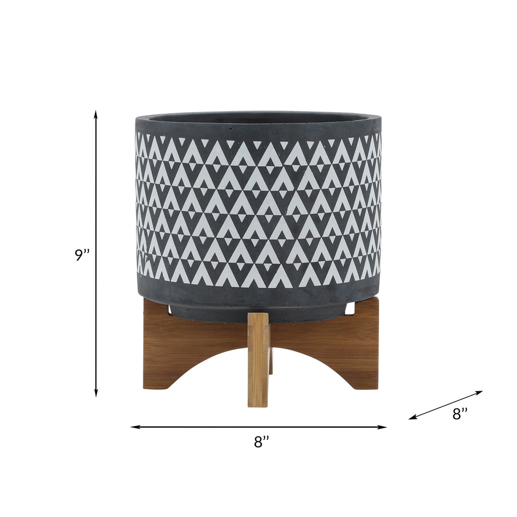 Ceramic Aztec Planter on Wooden Stand, Gray, 8"L X 8"W X 9"H M188885
