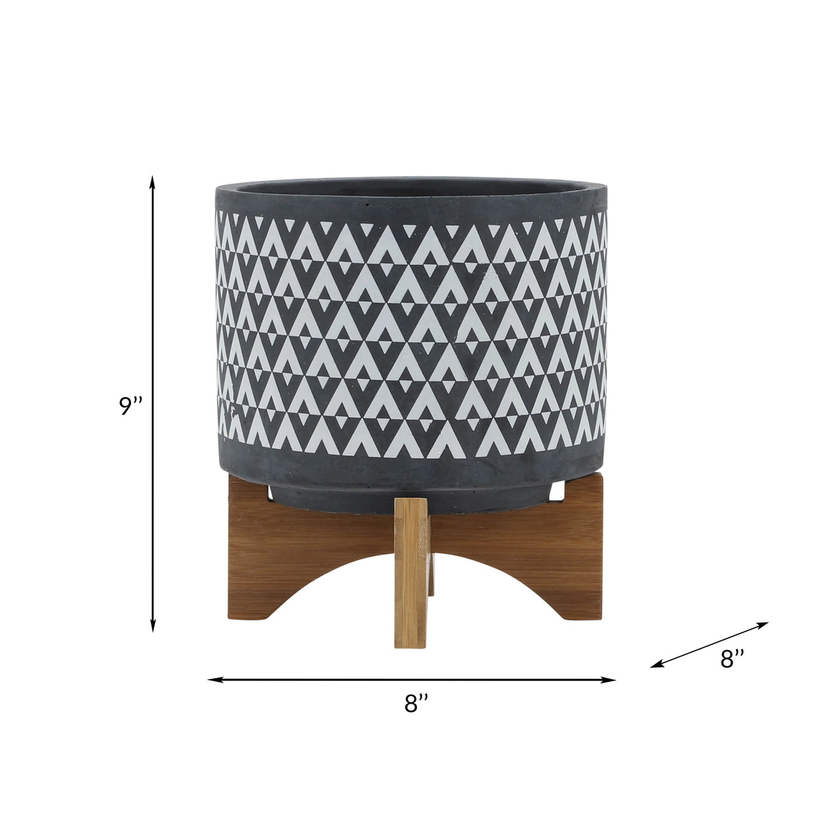 Ceramic Aztec Planter on Wooden Stand, Gray, 8"L X 8"W X 9"H M188885