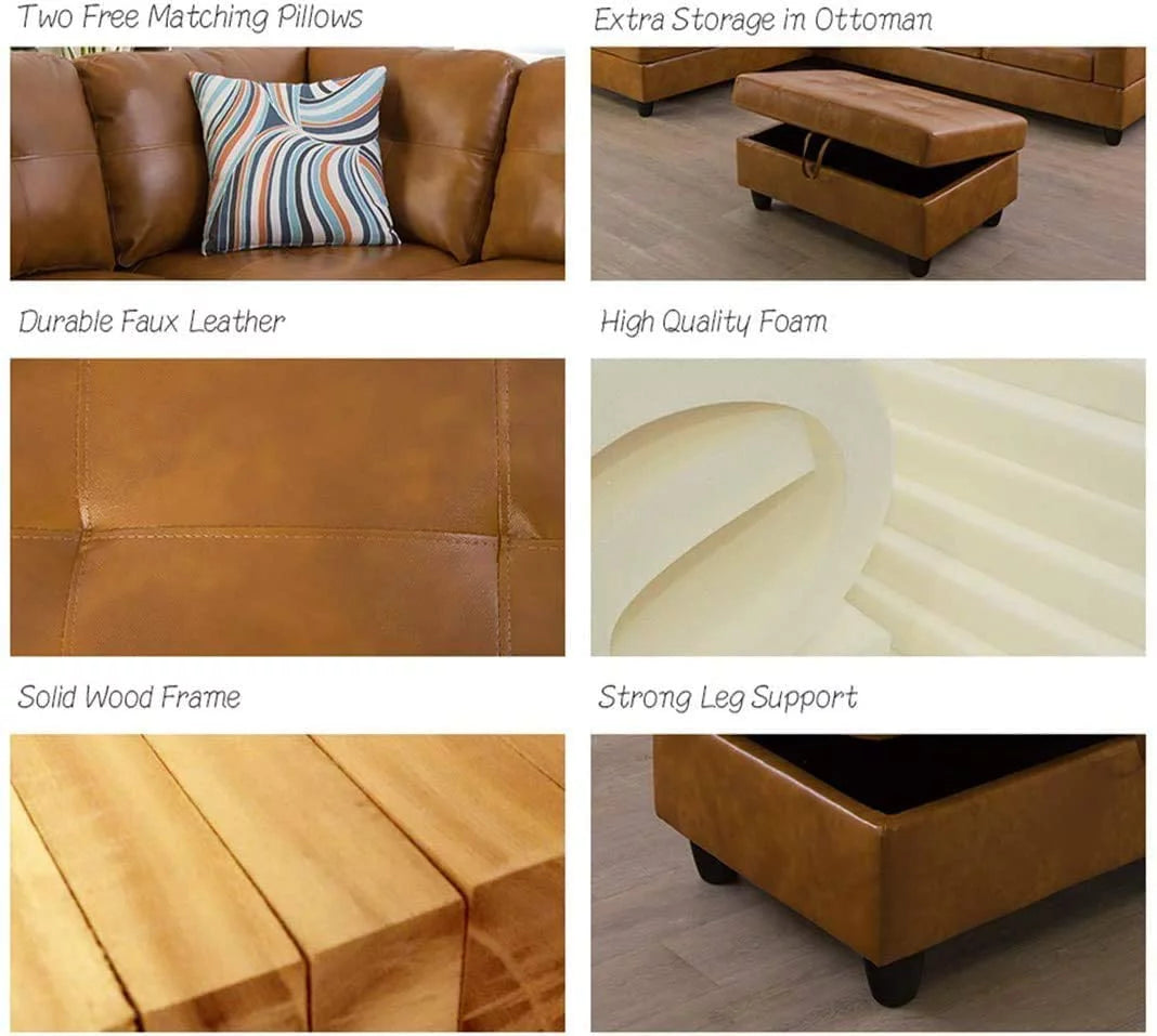 Caramel Leather Sectional Sofa with Storage Ottoman R78324