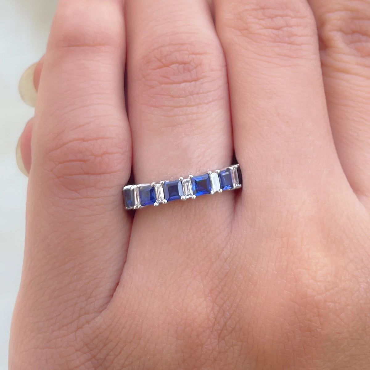 14K White Gold Princess Cut Blue Sapphire Half Eternity Ring with Diamond X8399
