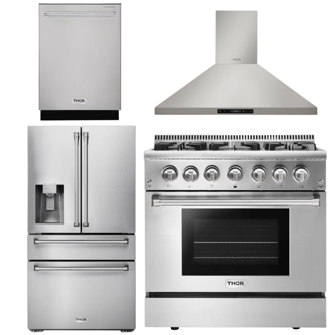 36 Dual Fuel Range, Range Hood, Dishwasher, Refrigerator with Water and Ice Dispenser B508049