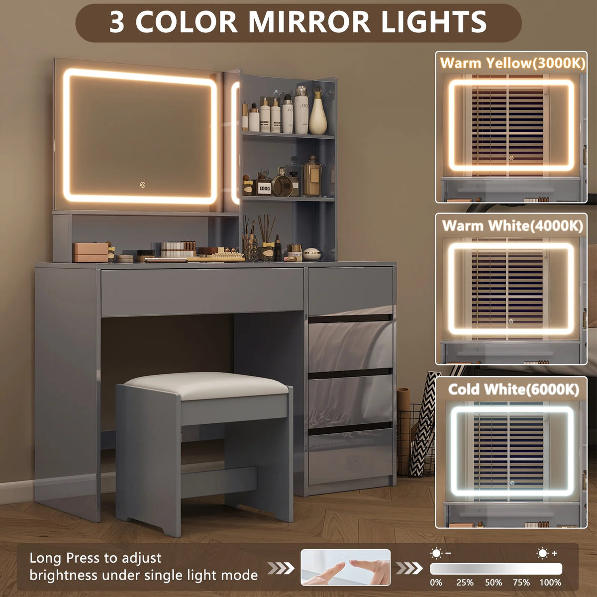 Gray Vanity Desk with Mirror and 4 Drawers K845