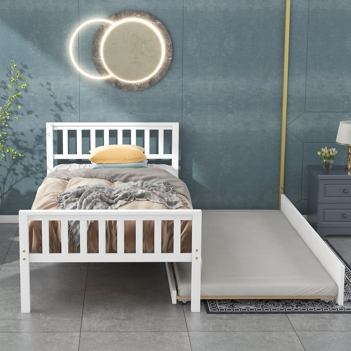 Twin Bed with Trundle and Headboard White U3046