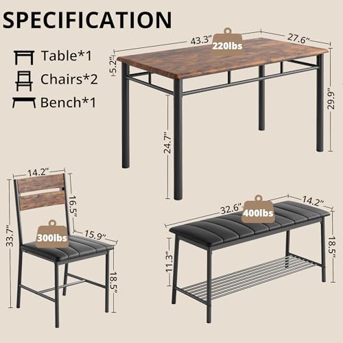 Gray Dining Table Set for 4 with Upholstered Bench and 2 Chairs J492376