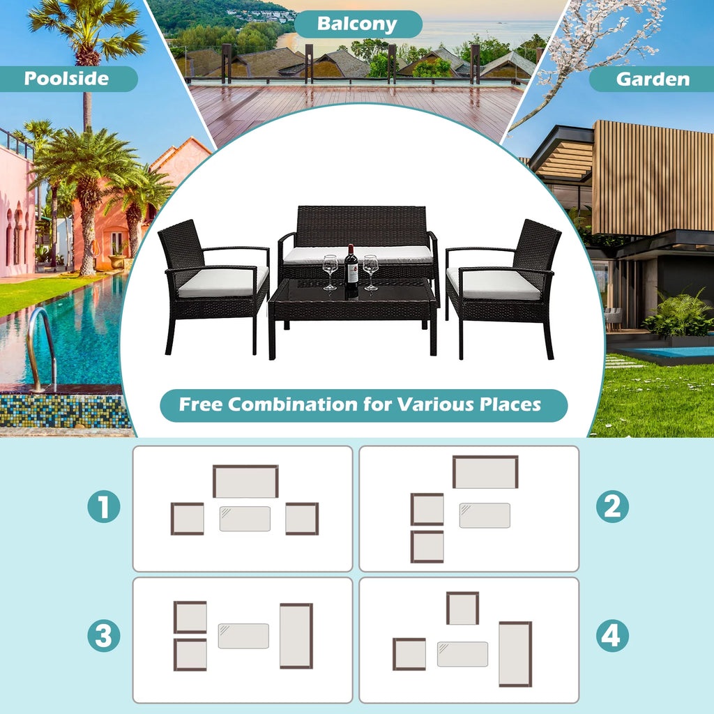 4 Pieces Brown Rattan Patio Conversation Set Y552503
