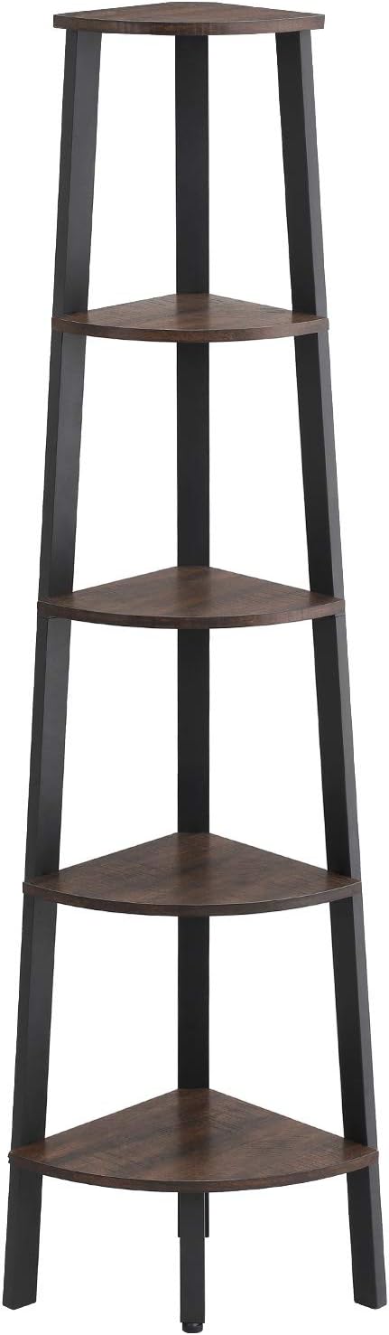 Rustic Dark Brown 5-Tier Ladder Shelf with Metal Frame L5067