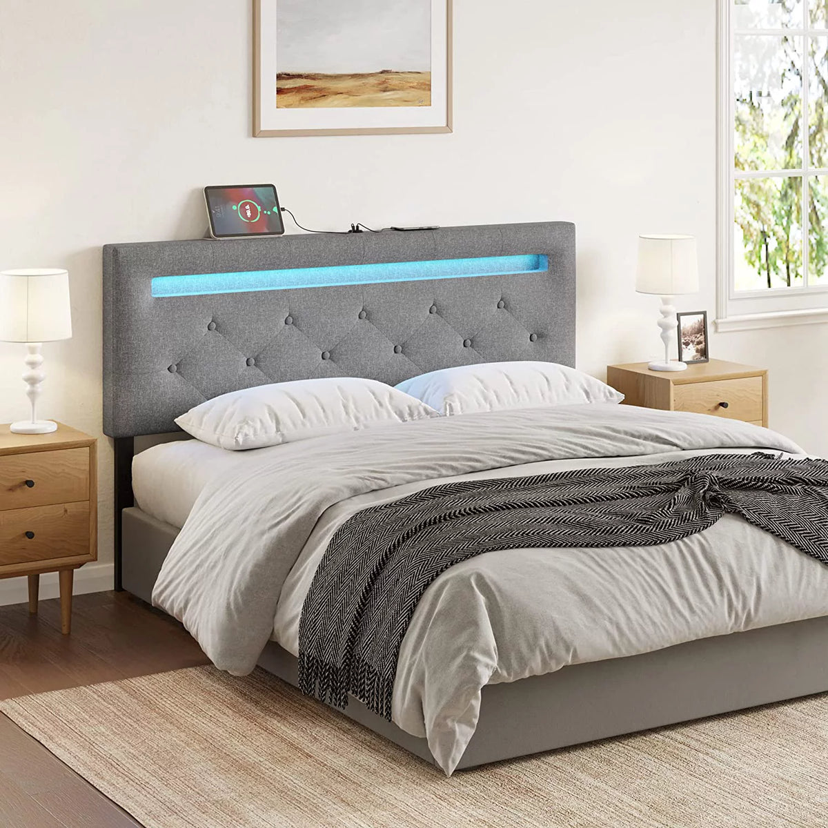 Queen Size Linen Fabric Upholstered Headboard with LED Light & USB Q602736