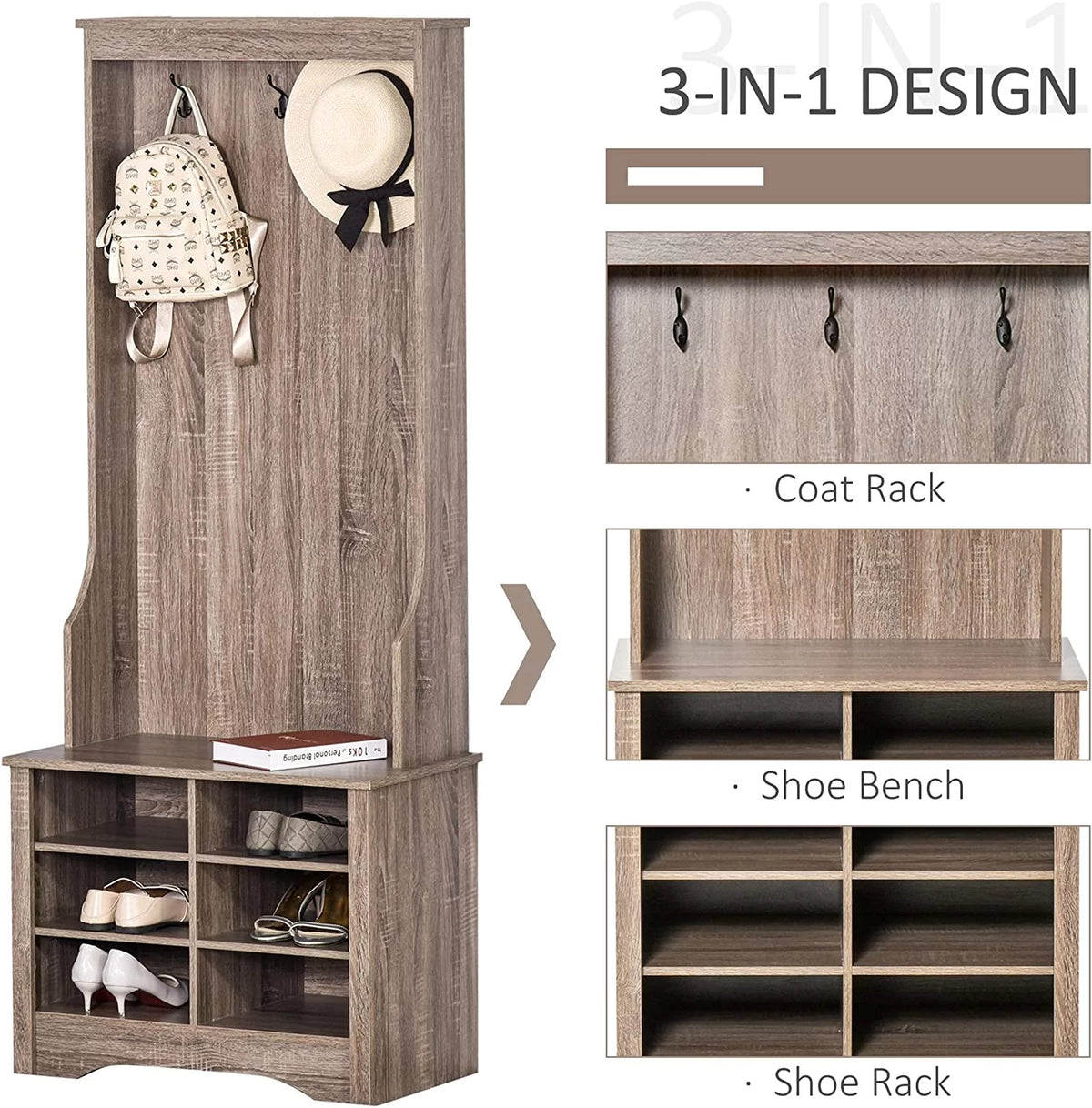 Rustic Brown Hall Tree with Coat Rack and Storage G775024