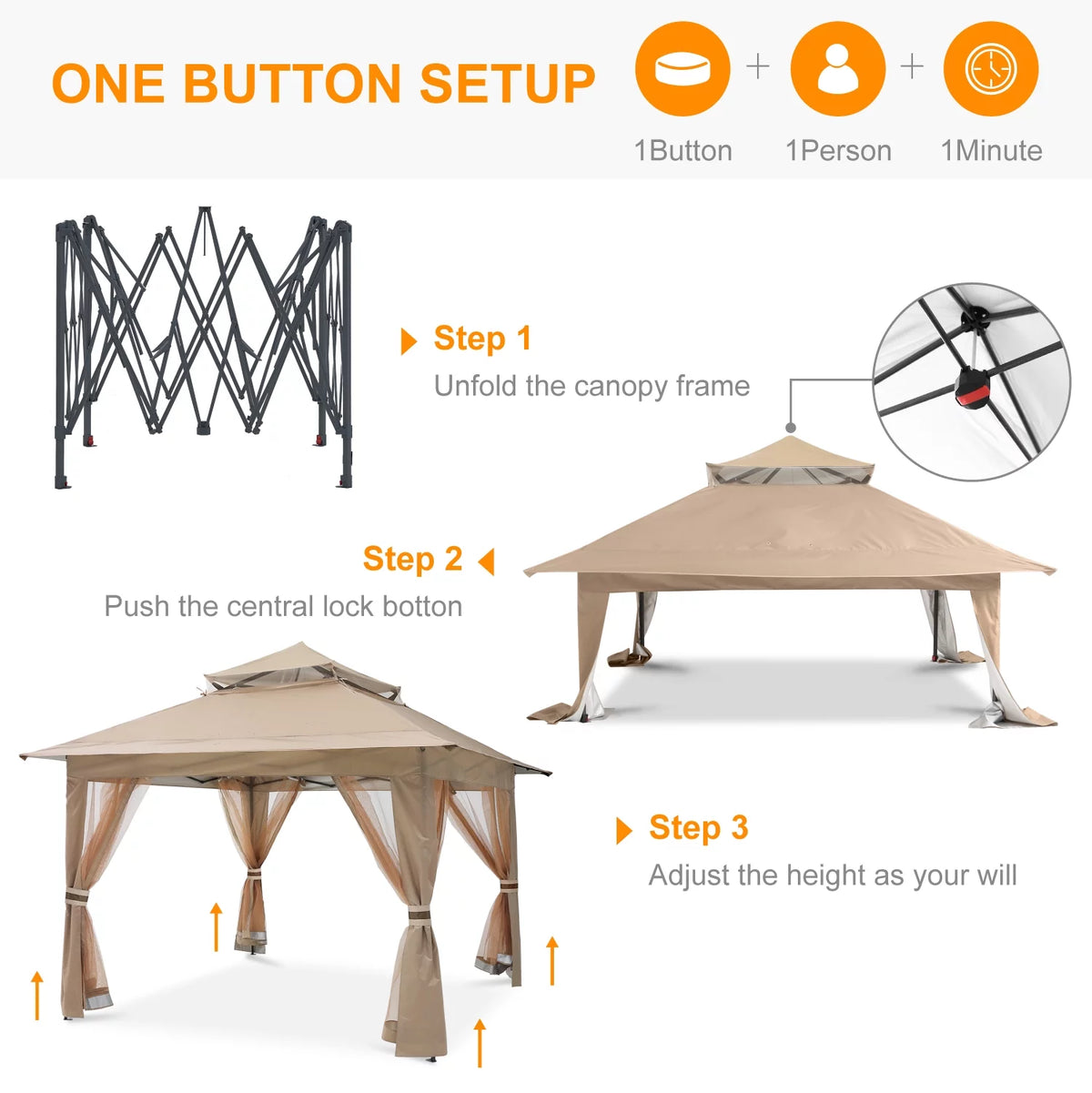 13'x13' Khaki Pop up Gazebo Canopy with Mosquito Netting F819