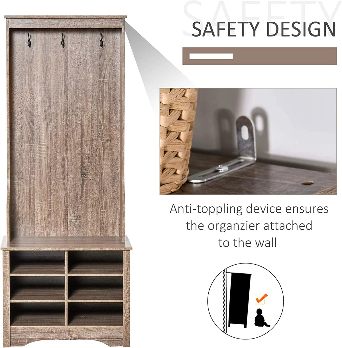 Rustic Brown Hall Tree with Coat Rack and Storage G775024