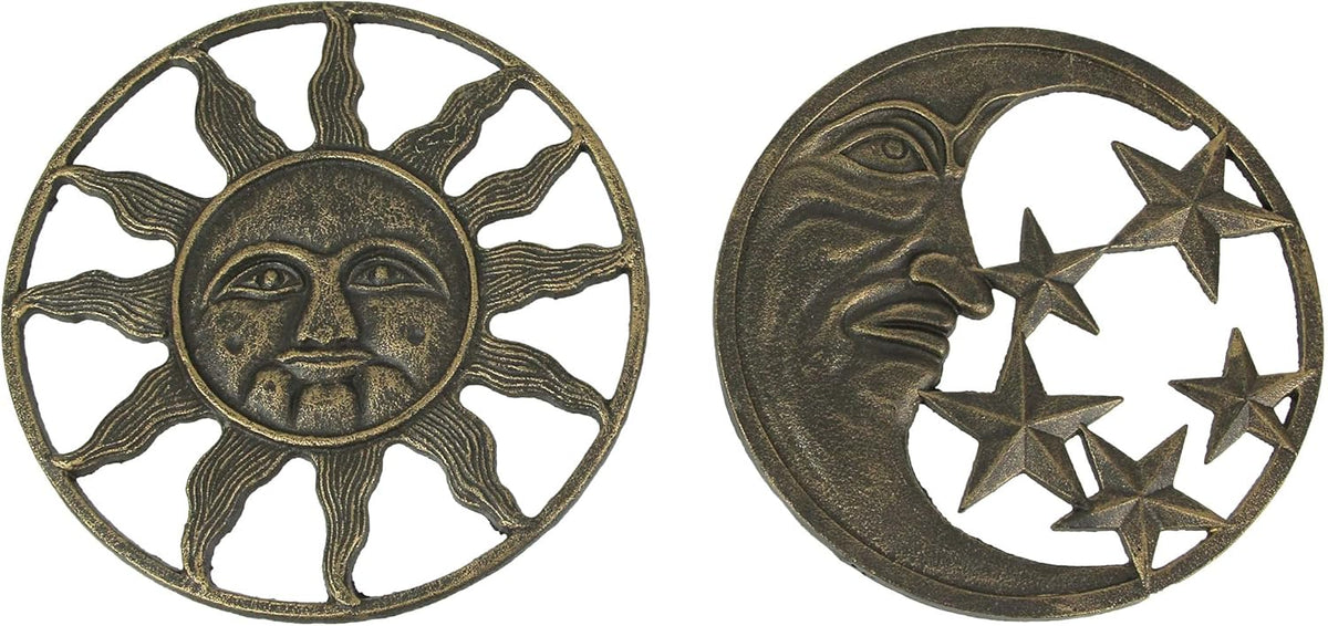 Set of 2 Antique Bronze Cast Iron Sun and Moon Wall Hanging Art Decor R963