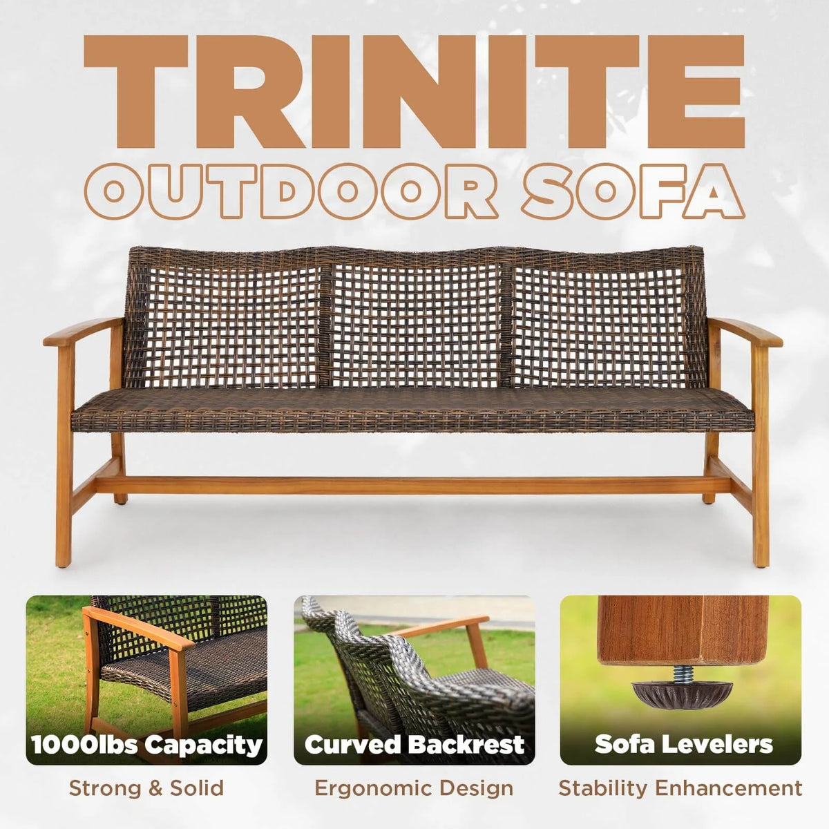 Teak Finish Acacia Patio Wicker Sofa Couch T686
