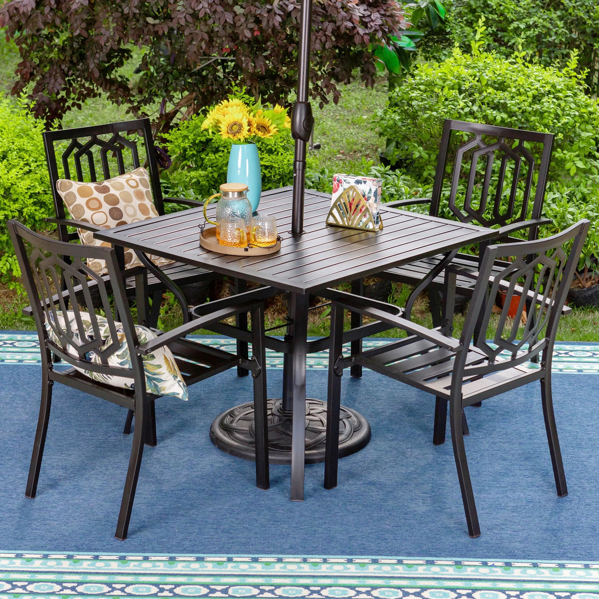 6-Piece Outdoor Patio Set with 10 FT Umbrella, 4 Stacking Chairs & Square Dining Table N5591