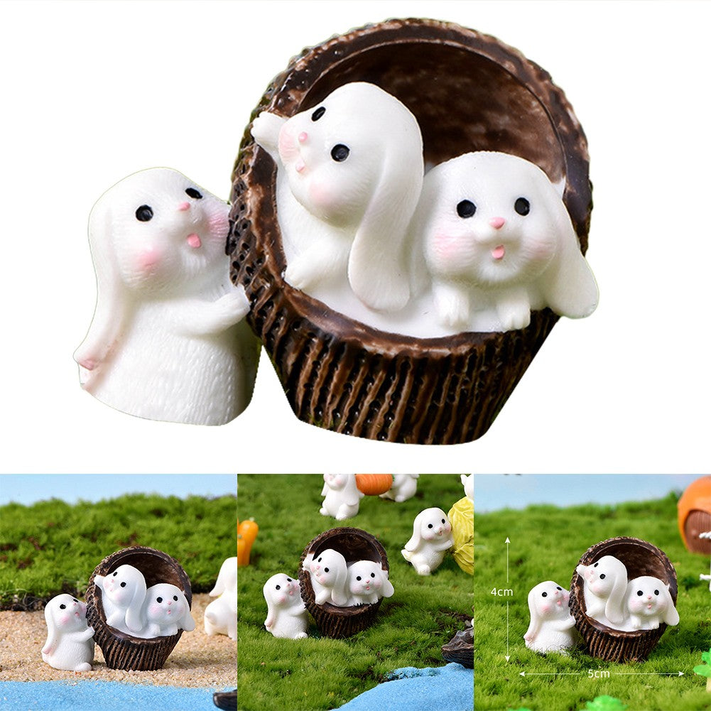 Resin Bunny Statue Miniature Rabbit Basket Figurine E6033